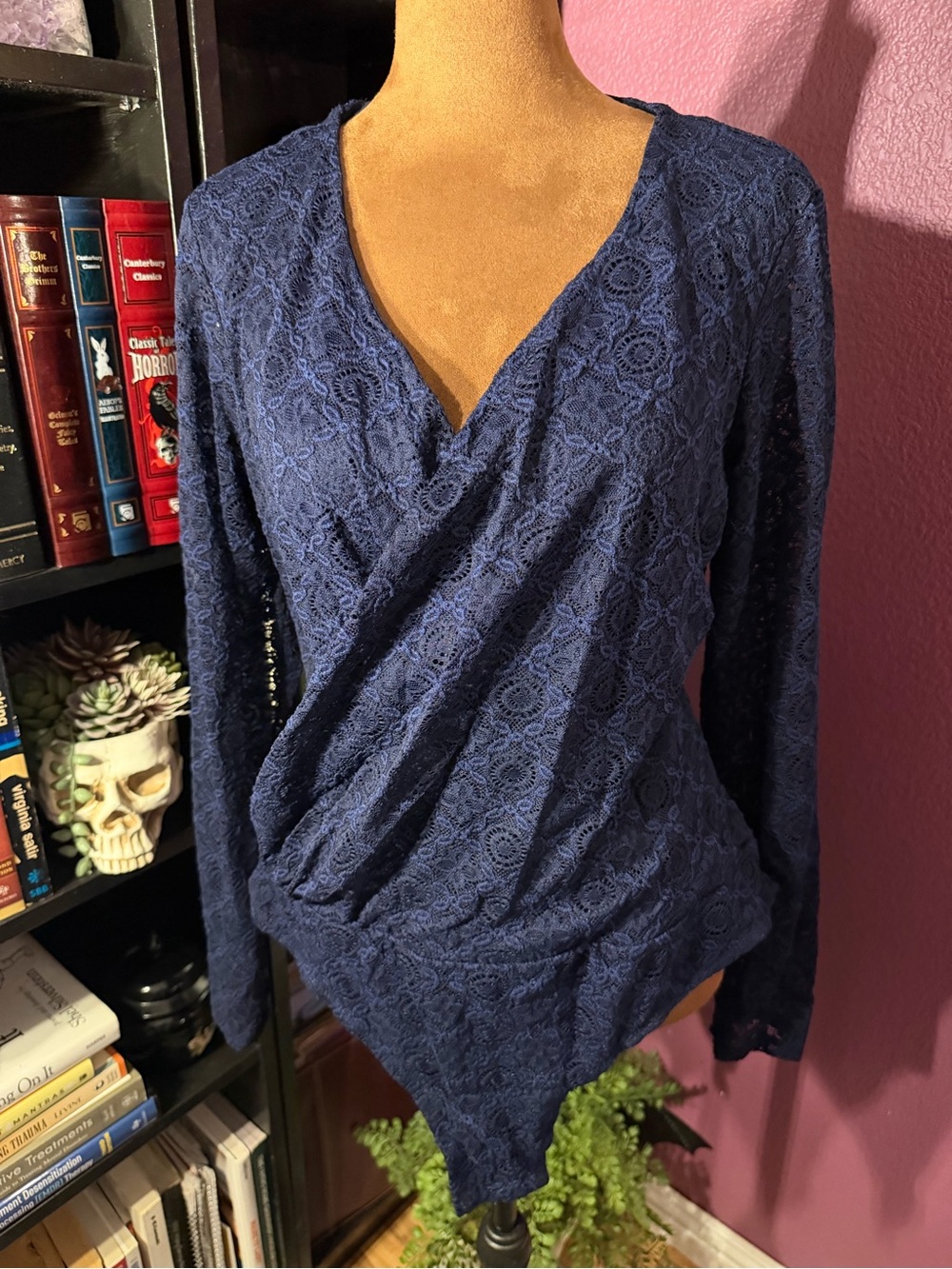 Women's Navy Lace Surplice Long-Sleeve Top